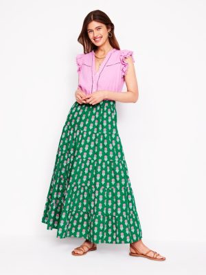 Nadia Poplin Maxi Skirt-Green Stamp. Dahlia Sprig
