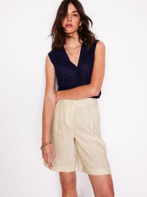 Pleat Linen Wide Leg Shorts-Ivory
