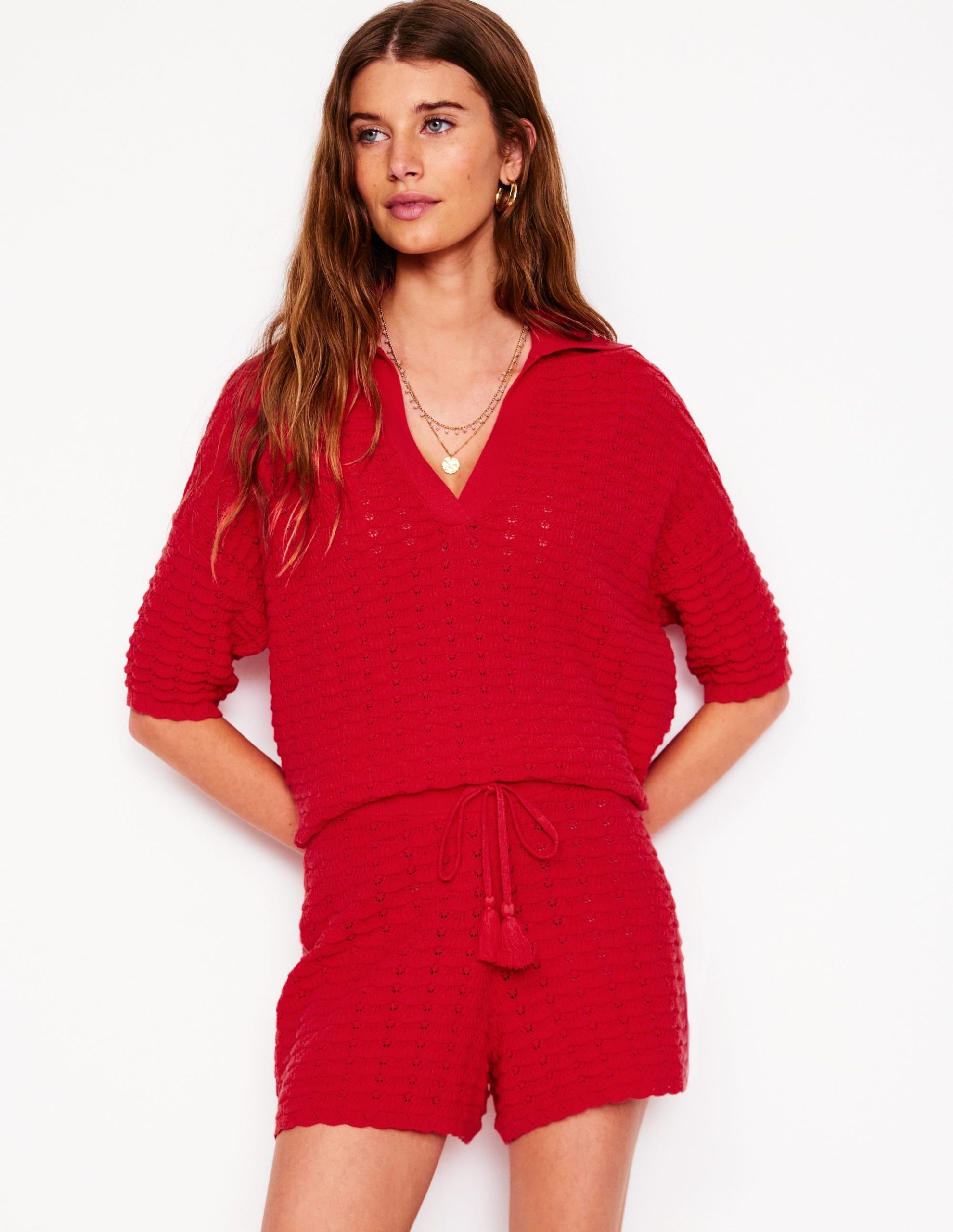 Textured Knitted Shorts-Strawberry Tart Red