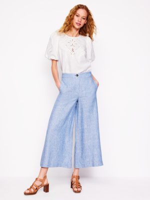 Wide Crop Linen Pants-Grey Blue Chambray