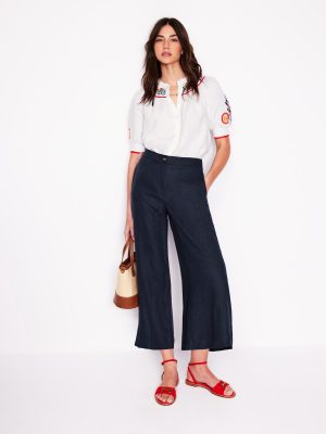 Wide Crop Linen Pants-Navy
