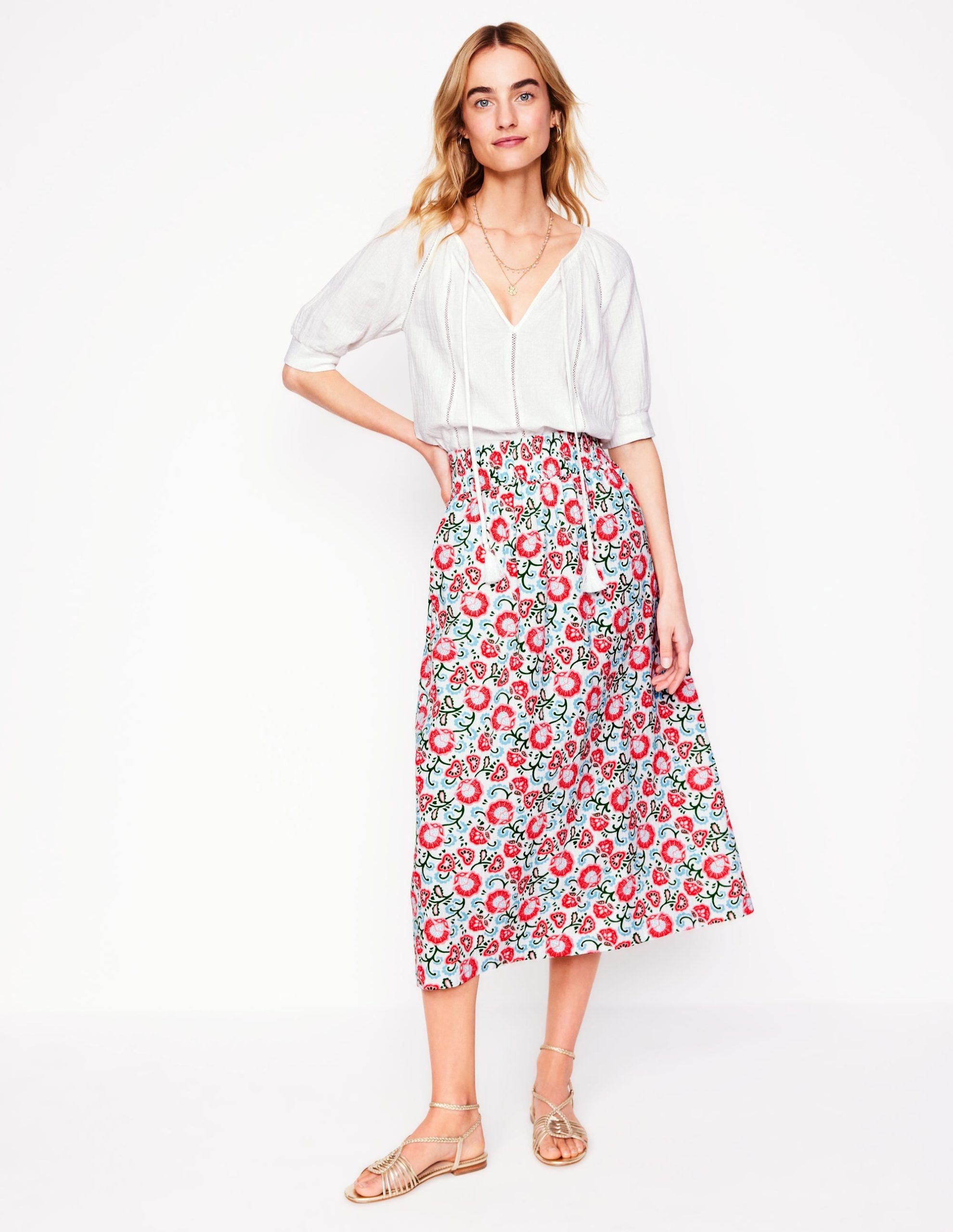 Double Cloth Smocked Skirt-Ivory. Garden Vine