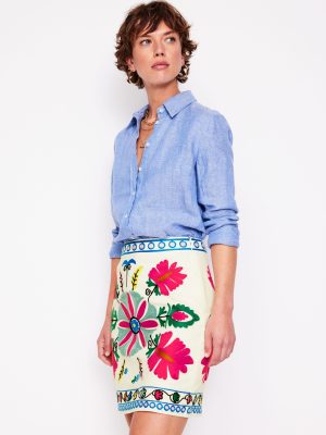 Aline Embroidered Linen Skirt-Ivory Embroidery