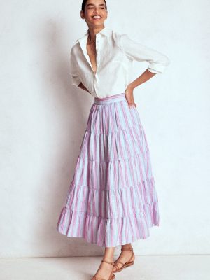 Tiered Poplin Midi Skirt-Metallic Stripe