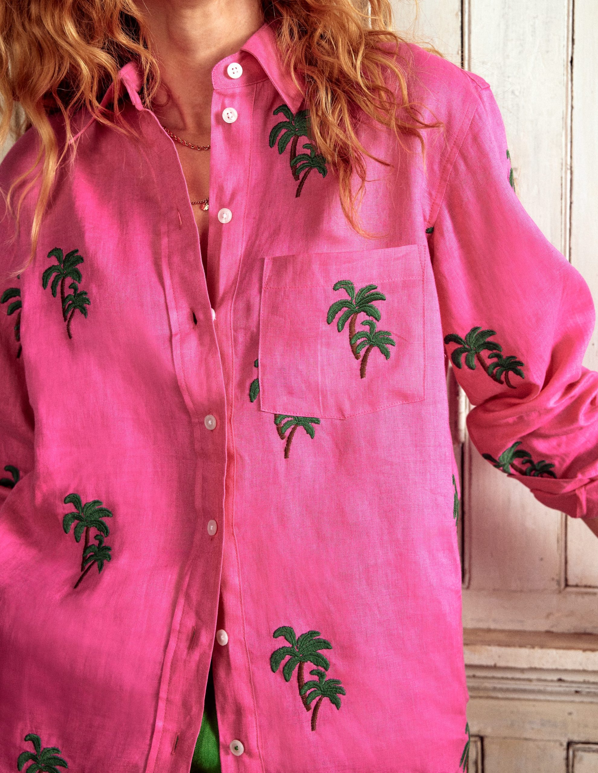 Sadie Relaxed Linen Shirt-Sorbet Pink. Palm Tree - Image 2