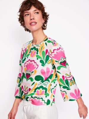 Fluted Sleeve Linen Top-Multi. Freesia Stamp
