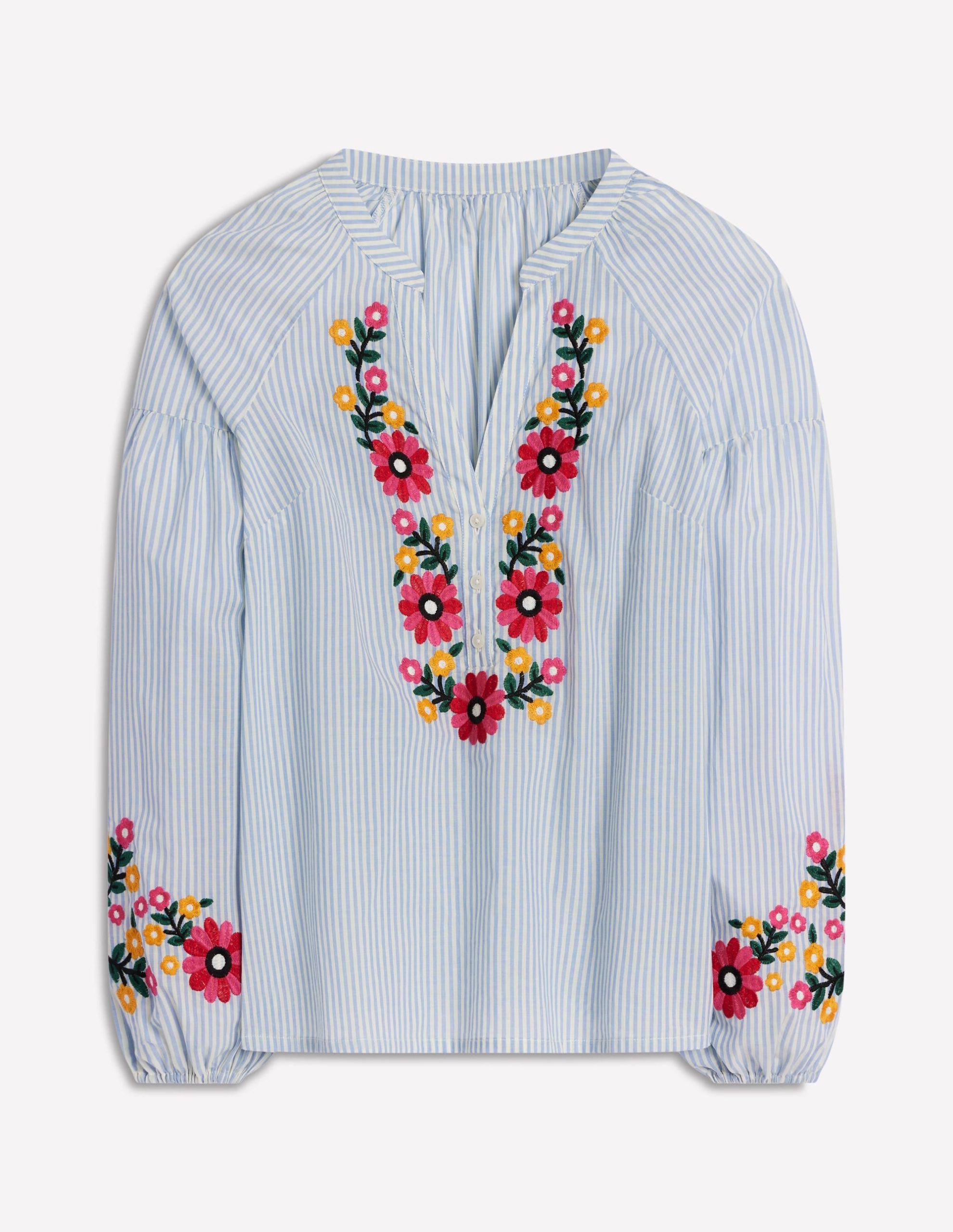 Raglan Embroidered Cotton Top-Ivory. Navy Stripe - Image 5