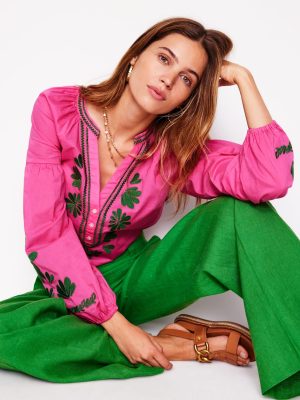 Raglan Embroidered Cotton Top-Sorbet Pink