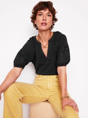 Cutwork Notch Neck Top-Black