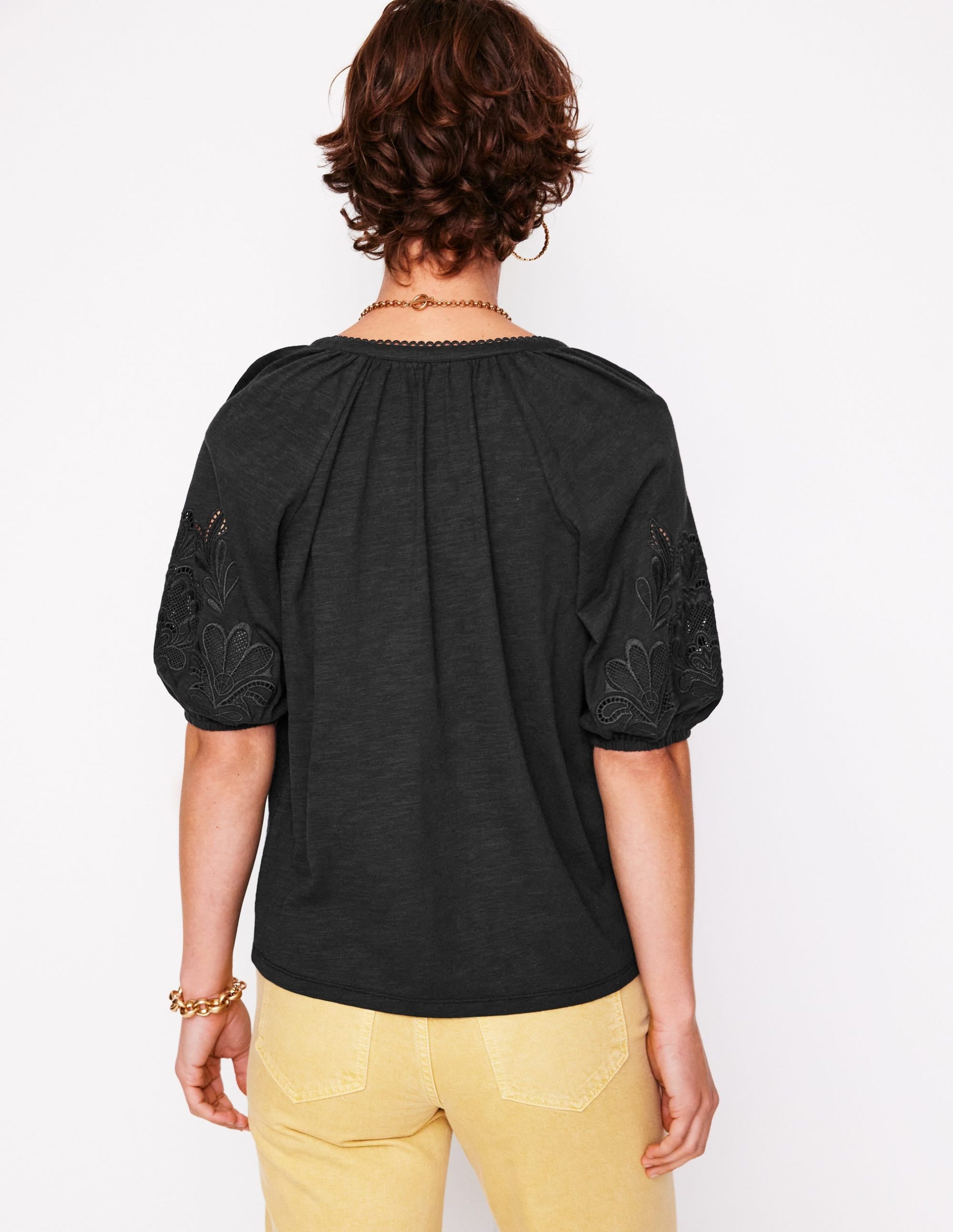 Cutwork Notch Neck Top-Black - Image 3