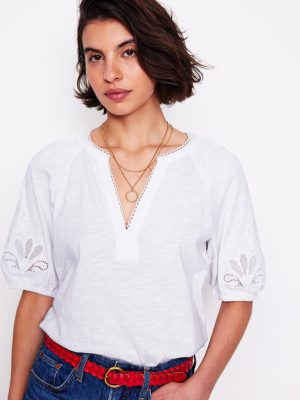 Cutwork Notch Neck Top-White
