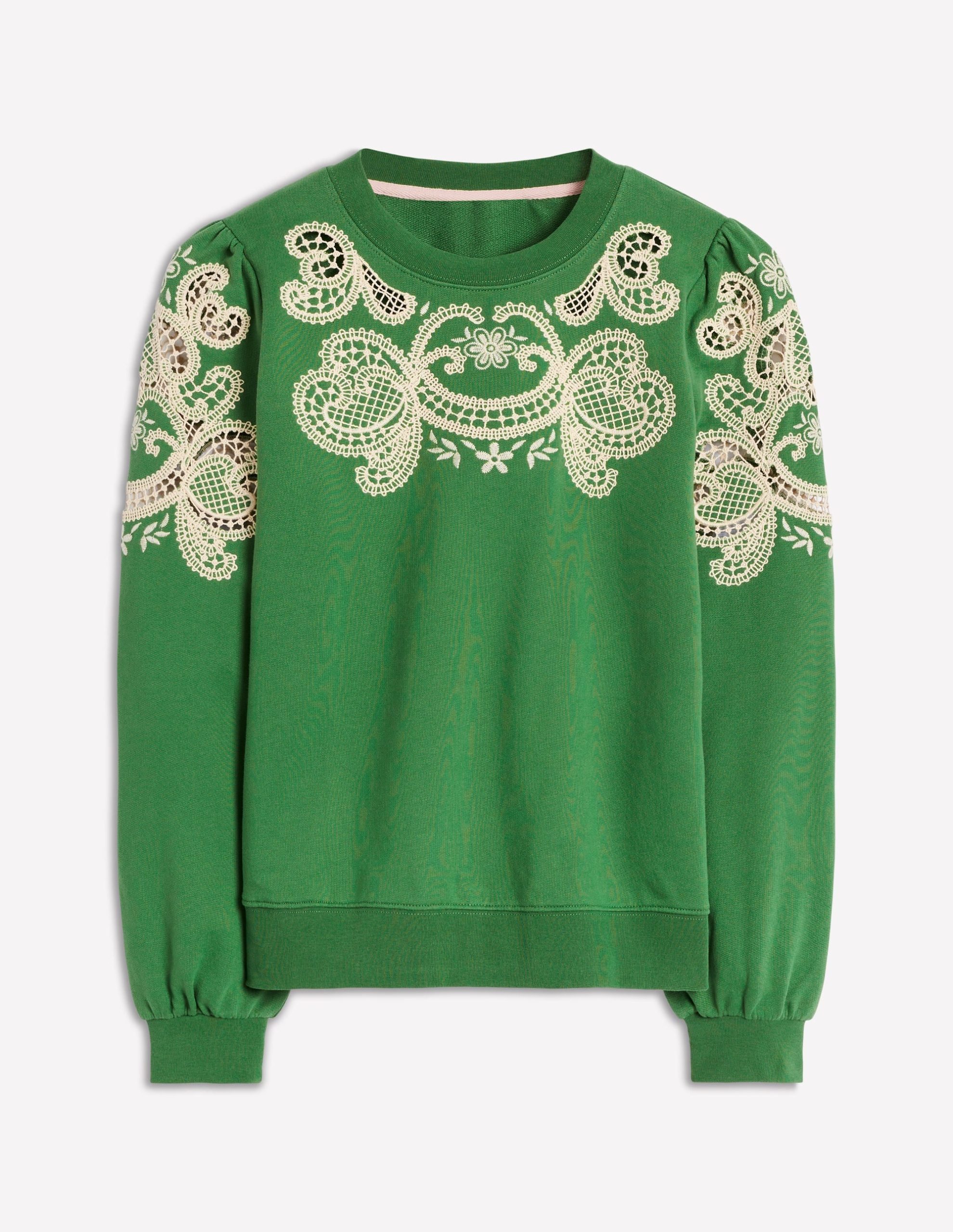 Puff Sleeve Cutwork Sweatshirt-Paradise Green - Image 5
