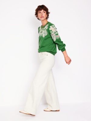 Puff Sleeve Cutwork Sweatshirt-Paradise Green