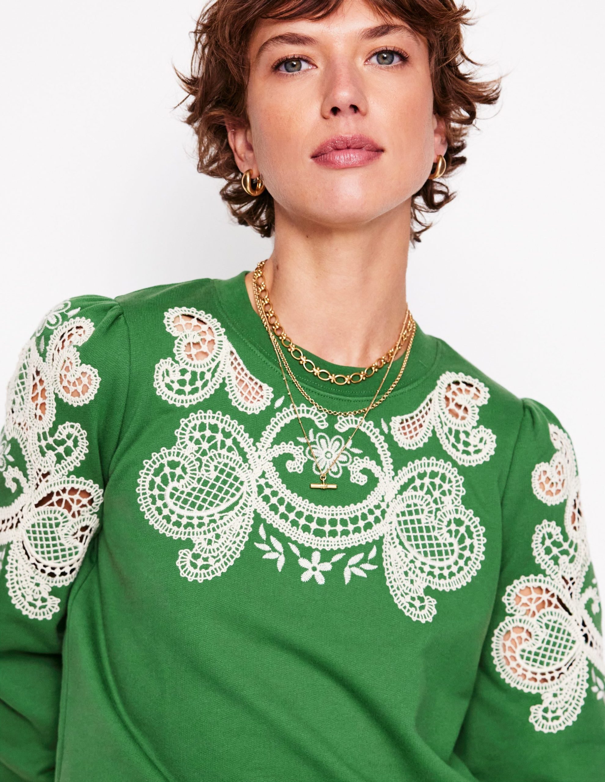 Puff Sleeve Cutwork Sweatshirt-Paradise Green - Image 2