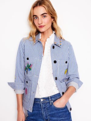 Embroidered Utility Jacket-Forget me not Blue Fine Stripe