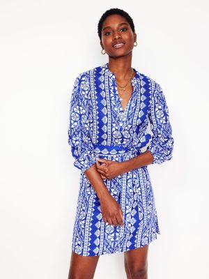 Cleo Linen Tie Waist Dress-Bright Blue. Ornate Border