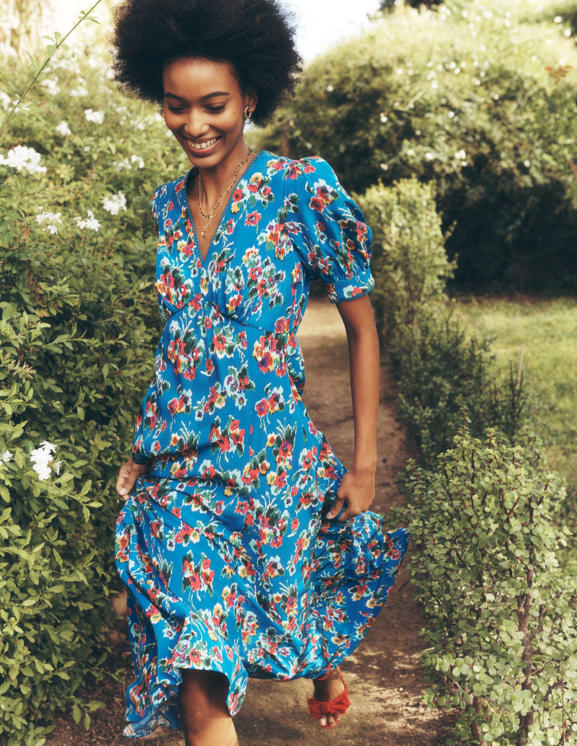 Rosie Godet Tea Dress-Gallery Blue. Abstract Posy - Image 5