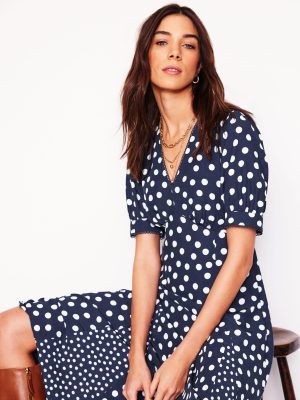 Rosie Godet Tea Dress-French Navy. Abstract Dot
