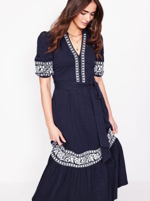 Amara Embroidered Jersey Dress-Navy Embroidery
