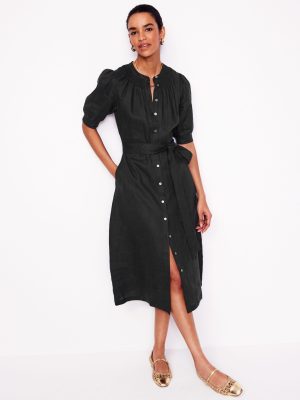 Ada Linen Midi Dress-Black