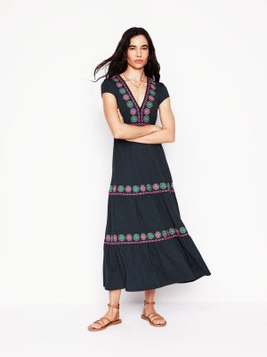 Eloise Embroidered Midi Dress-Navy