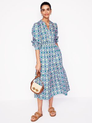Elena Tiered Cotton Midi Dress-Multi. Floweret Tile