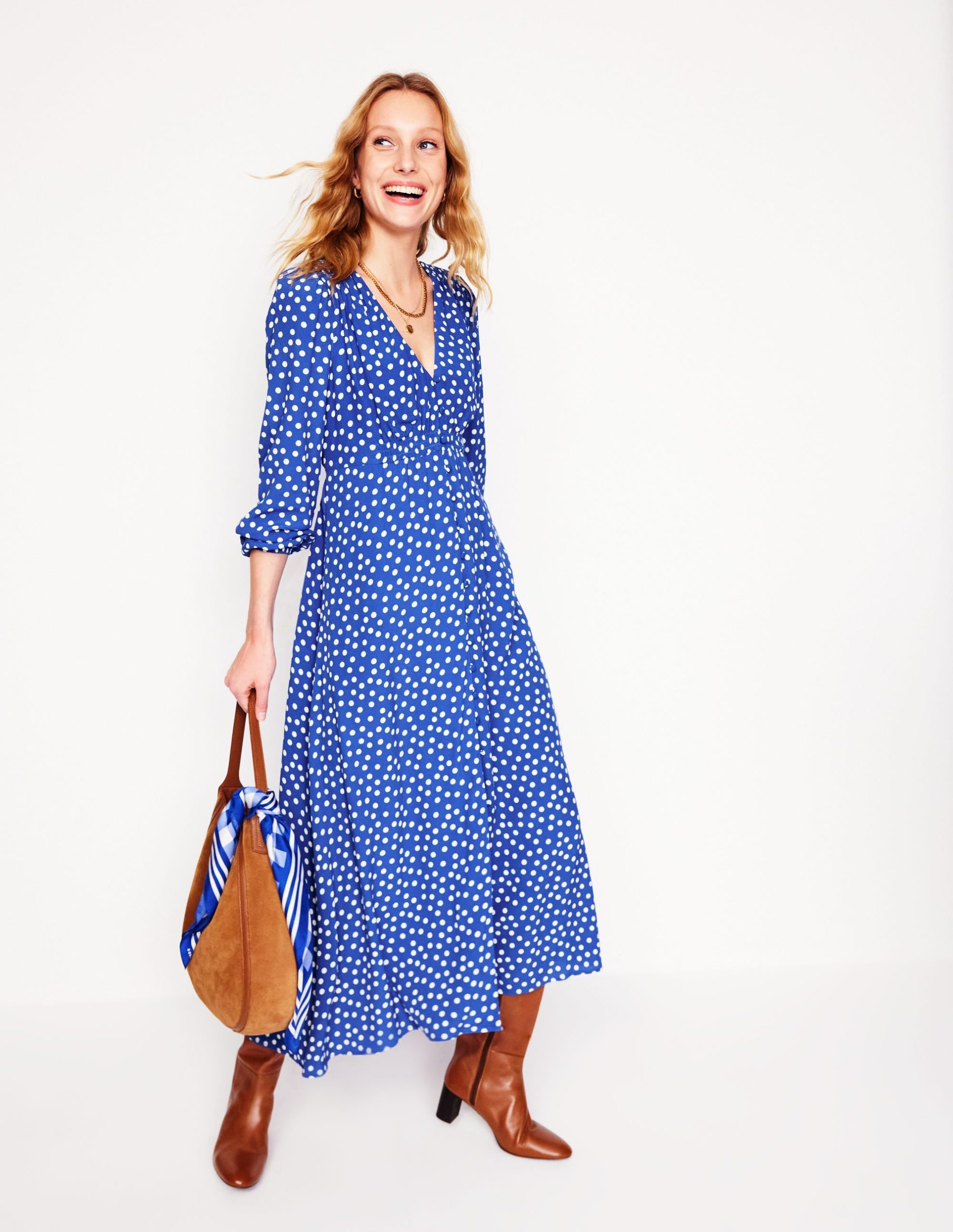 Cynthia Button Tea Dress-Bright Blue. Abstract Dot