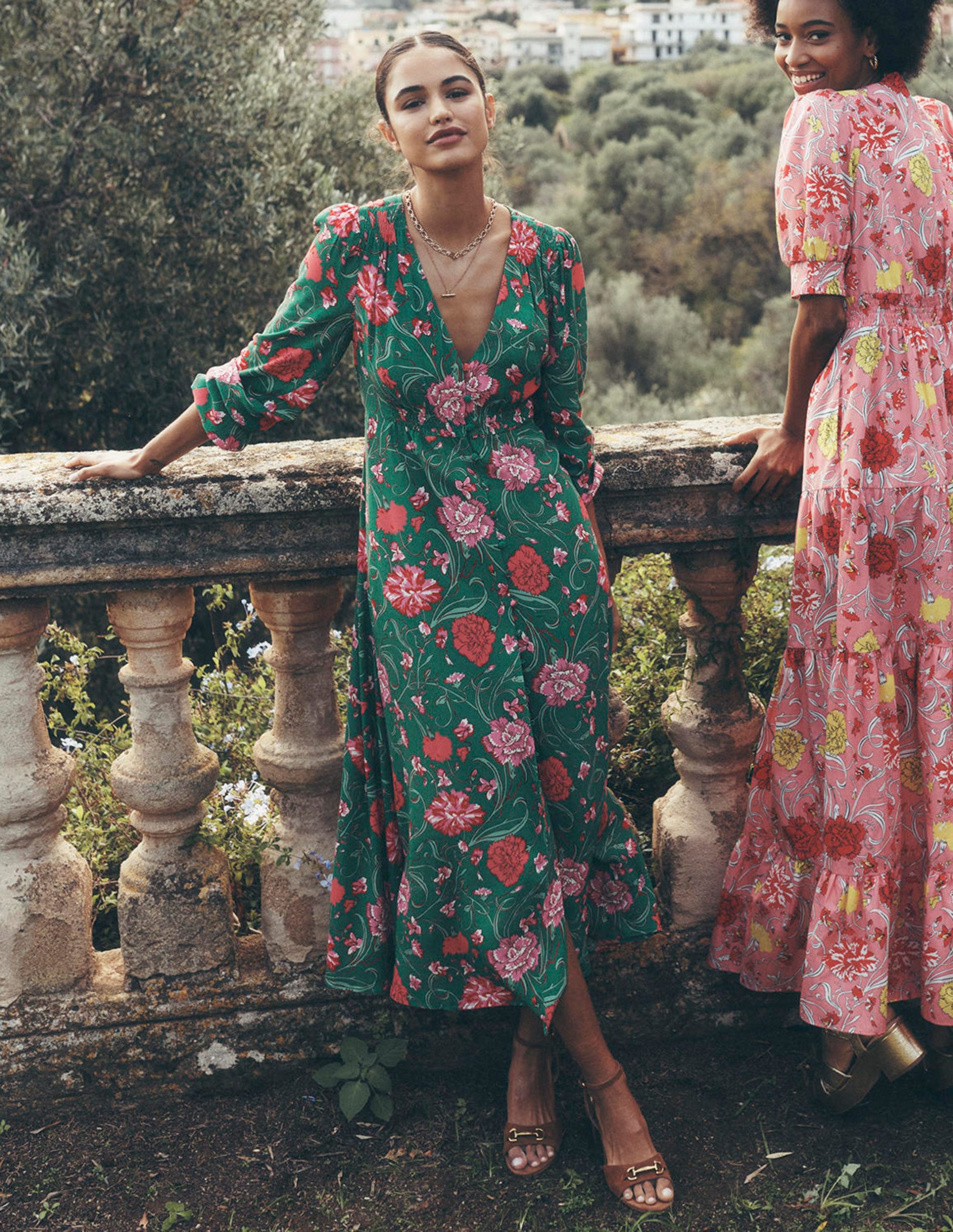 Cynthia Button Tea Dress-Rich Emerald. Carnation Vine - Image 6