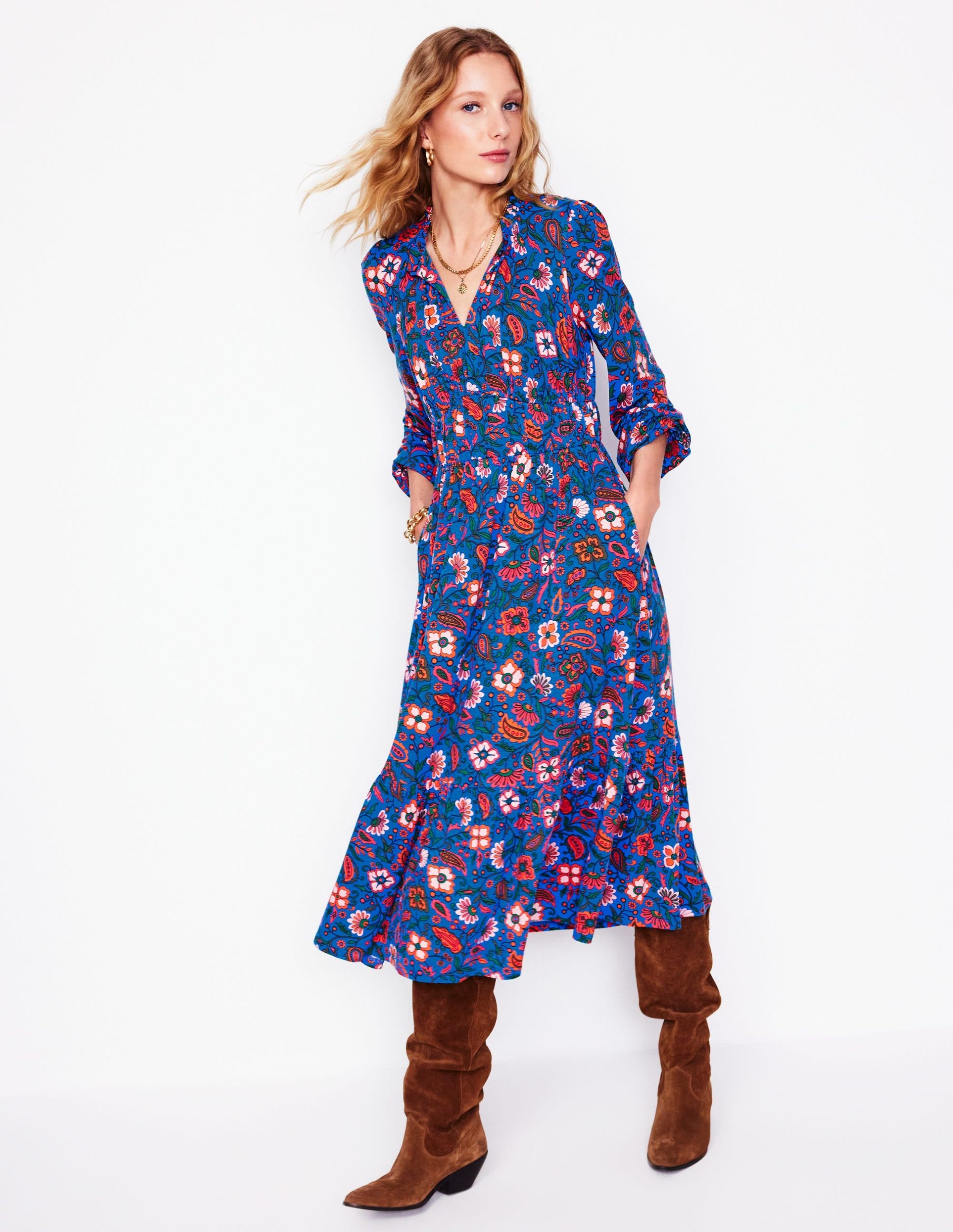 Rosamund Jersey Midi Tea Dress-Blue.Oriental Paradise
