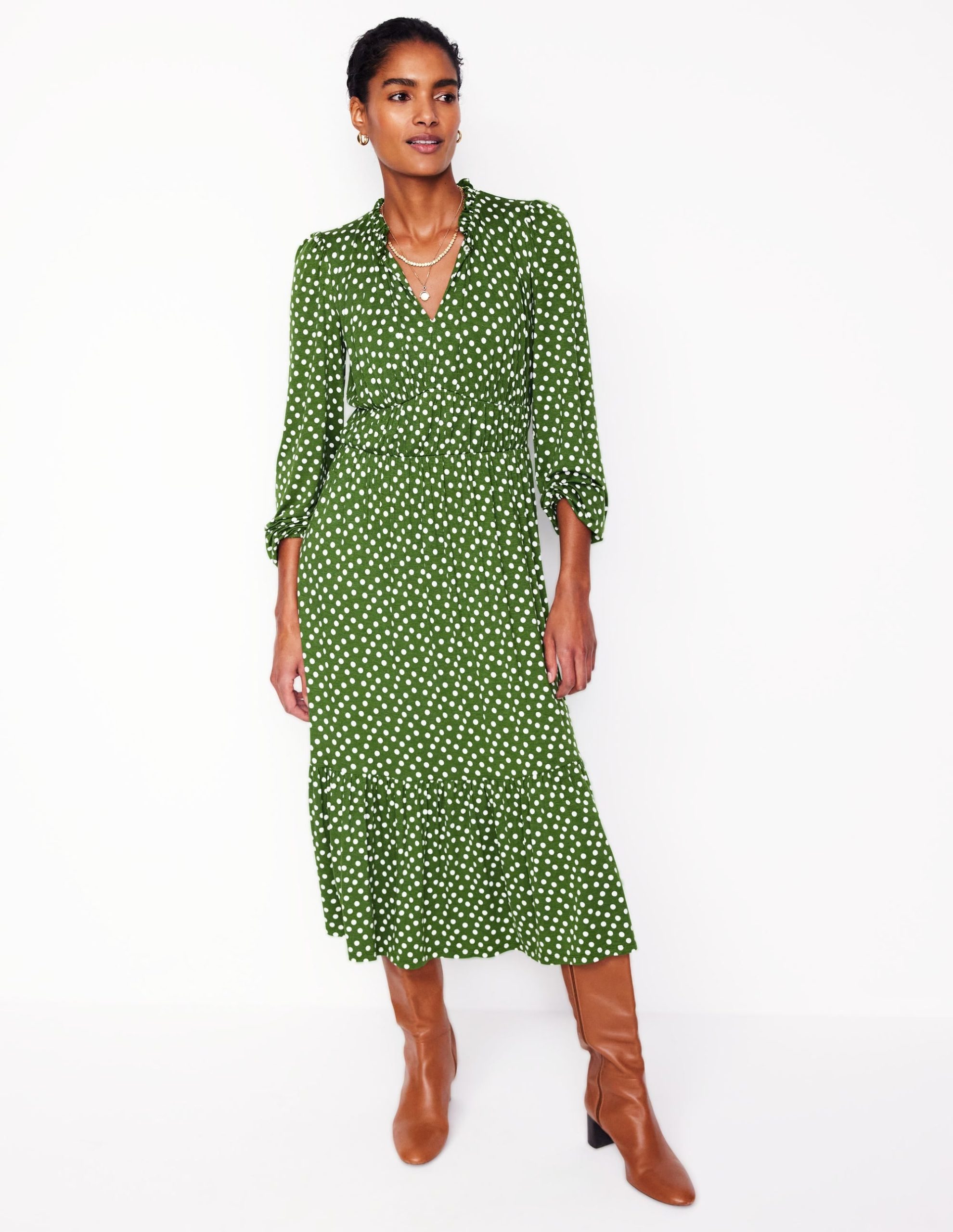 Rosamund Jersey Midi Tea Dress-Paradise Green. Abstract Dot - Image 4