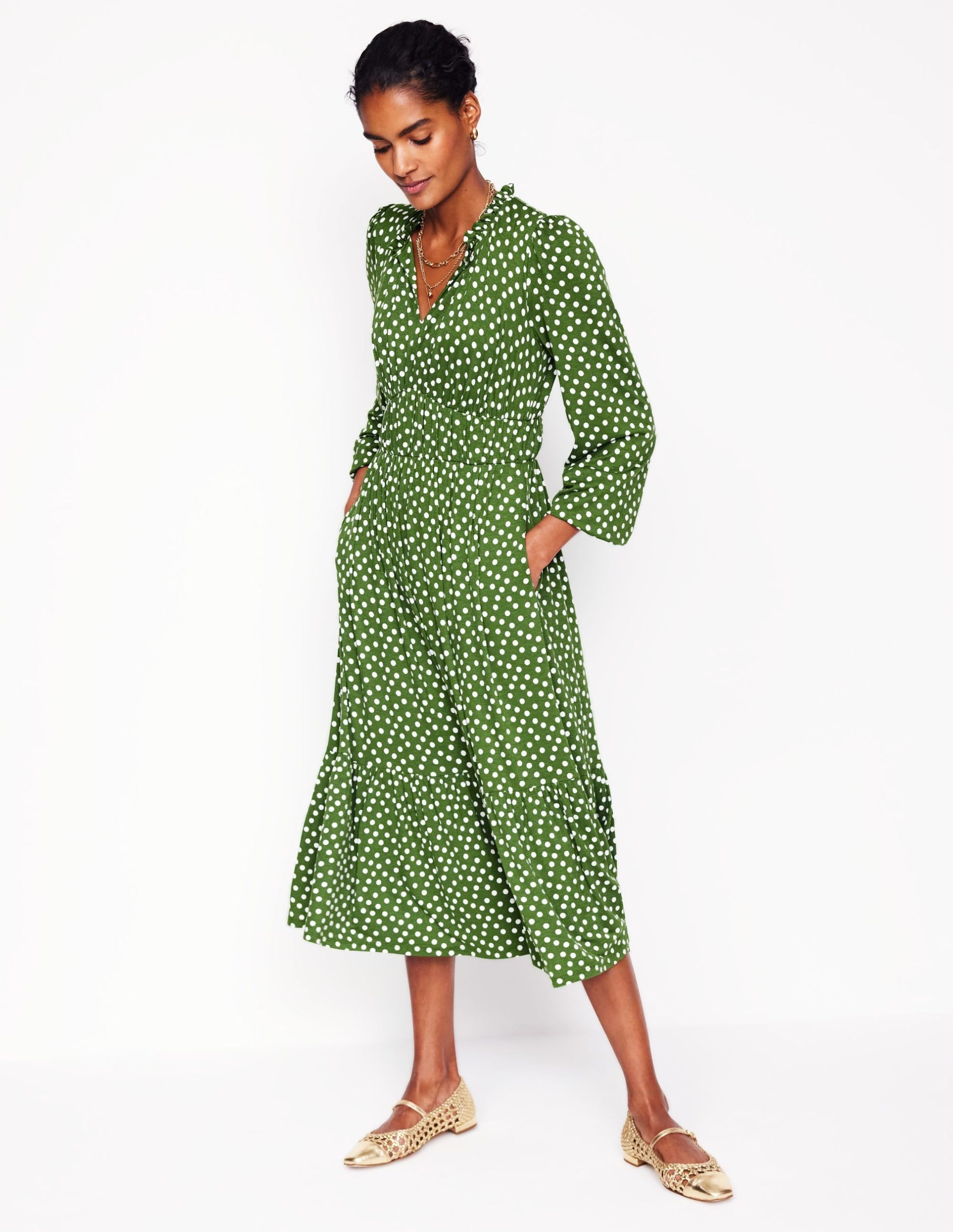 Rosamund Jersey Midi Tea Dress-Paradise Green. Abstract Dot - Image 6