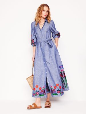 Clara Linen Blend Shirt Dress-Blue Chambray. Embroidered