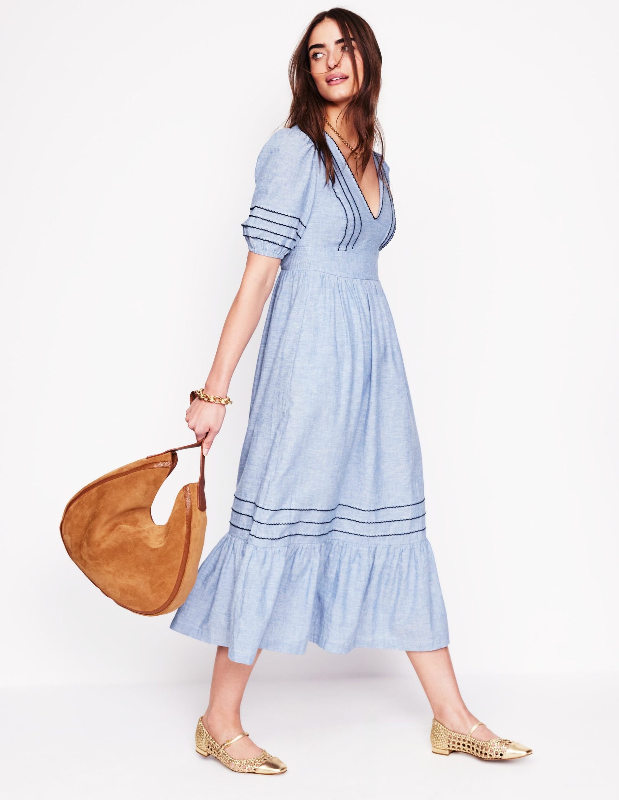 Smocked Waist Linen Dress-Grey Blue Chambray - Image 4