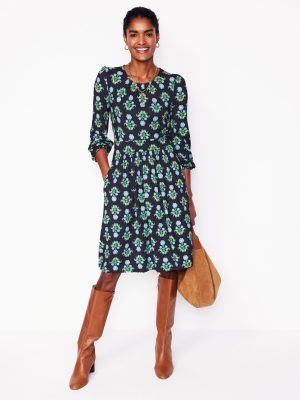 Alexandra Blouson Jersey Dress-French Navy. Pansy Stamp