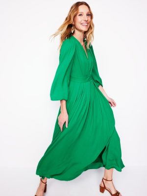 Pleat Detail Blouson Dress-Rich Emerald