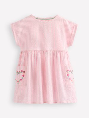 Short-sleeved woven tunic-Ticking Pink Embroidery