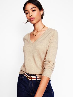 Eva Cashmere V-neck Jumper-Chinchilla Melange