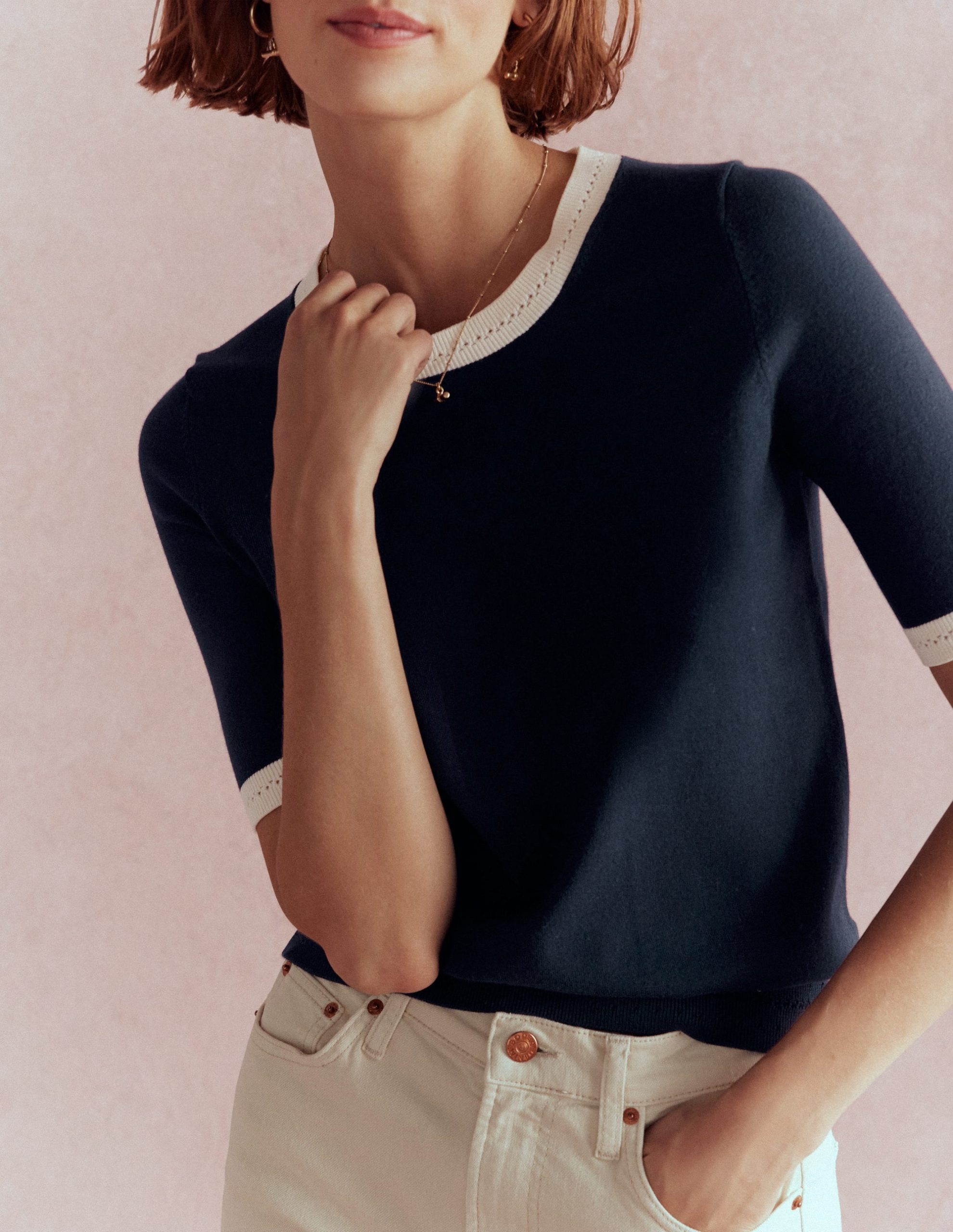 Emilia Cotton Crew T-shirt-Navy. Warm Ivory - Image 7