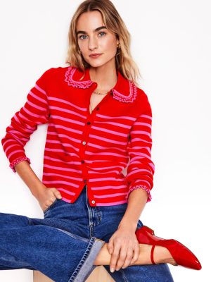 Jessie Frill Collared Cardigan-Poppy Red. Sorbet Pink Stripe