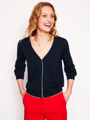 Pru Scallop Trim Cardigan-Navy