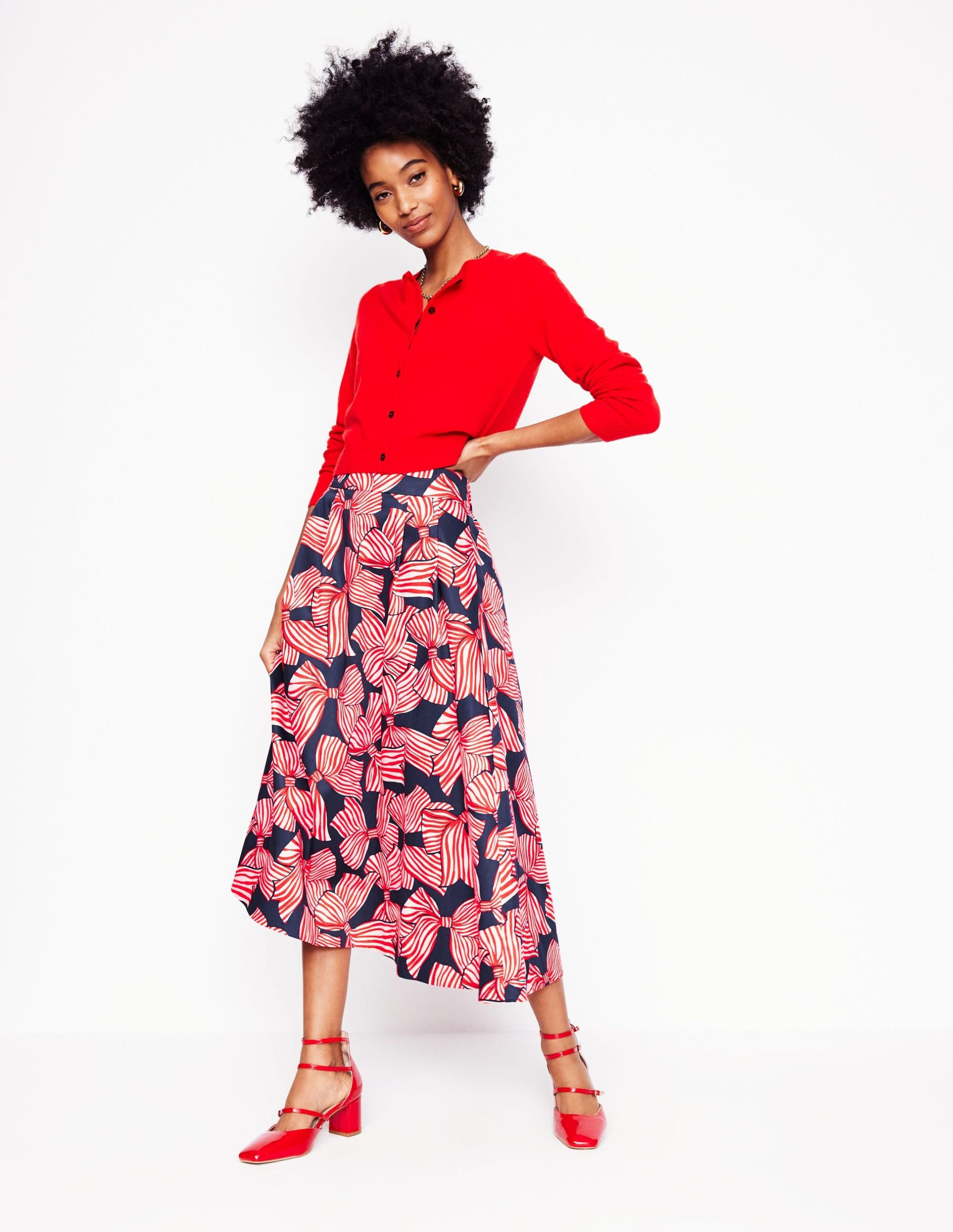 Isabella Cotton Sateen Skirt-French Navy. Bow Scatter