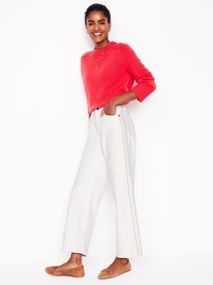 High Rise Straight Crop Jeans-Off White w/ Embroidery