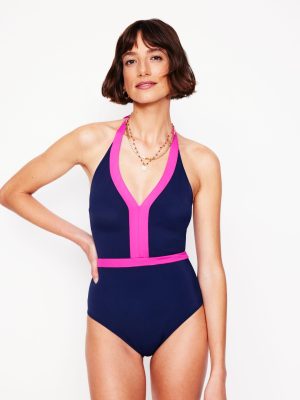 Ios V Panel Swimsuit-Navy. Pink