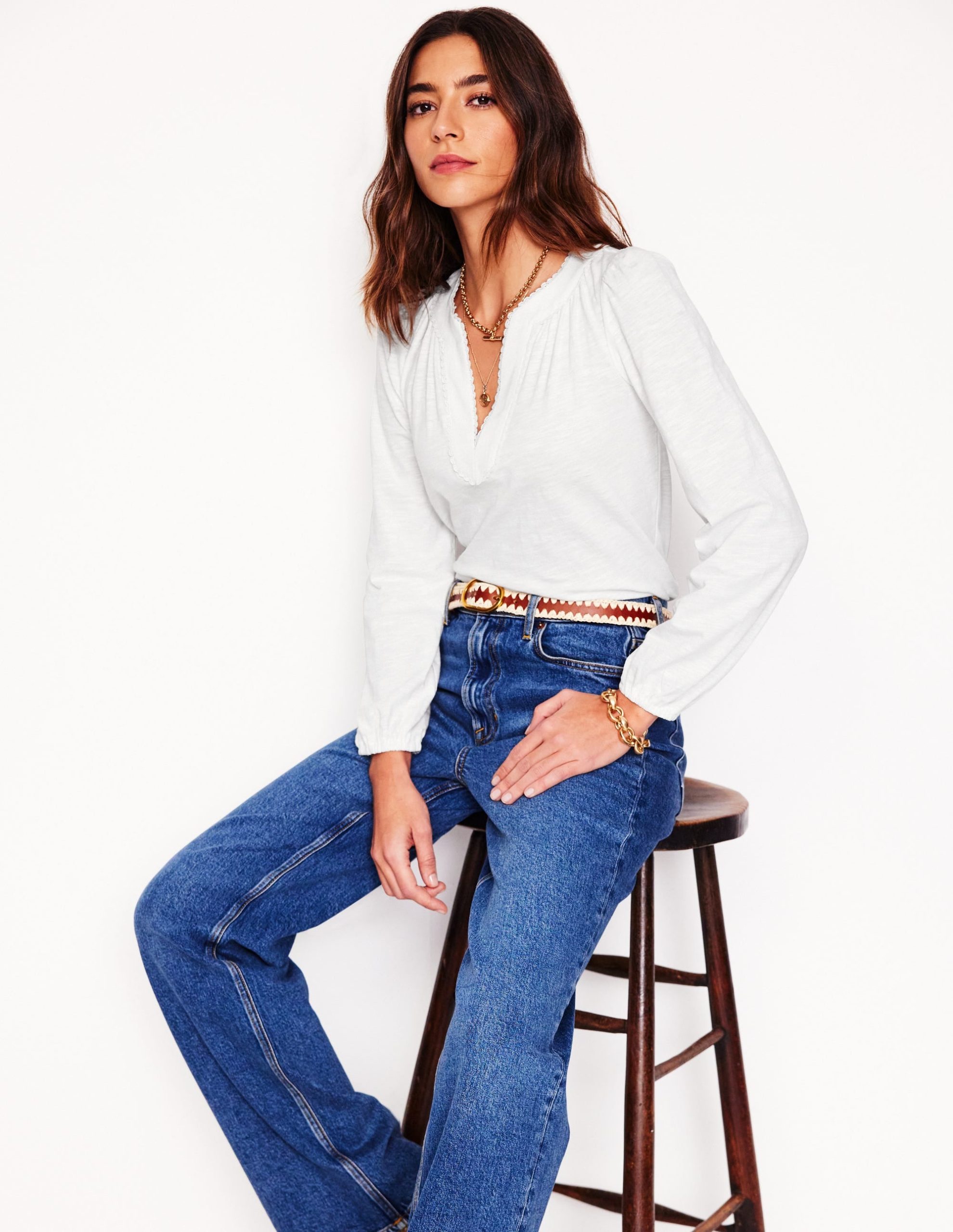 Ava Long Sleeve Trim Top-White - Image 4