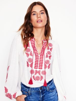 Nia Embroidered Top-White. Berry Red