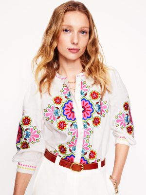 Alicia Linen Top-White. Floral Embroidery