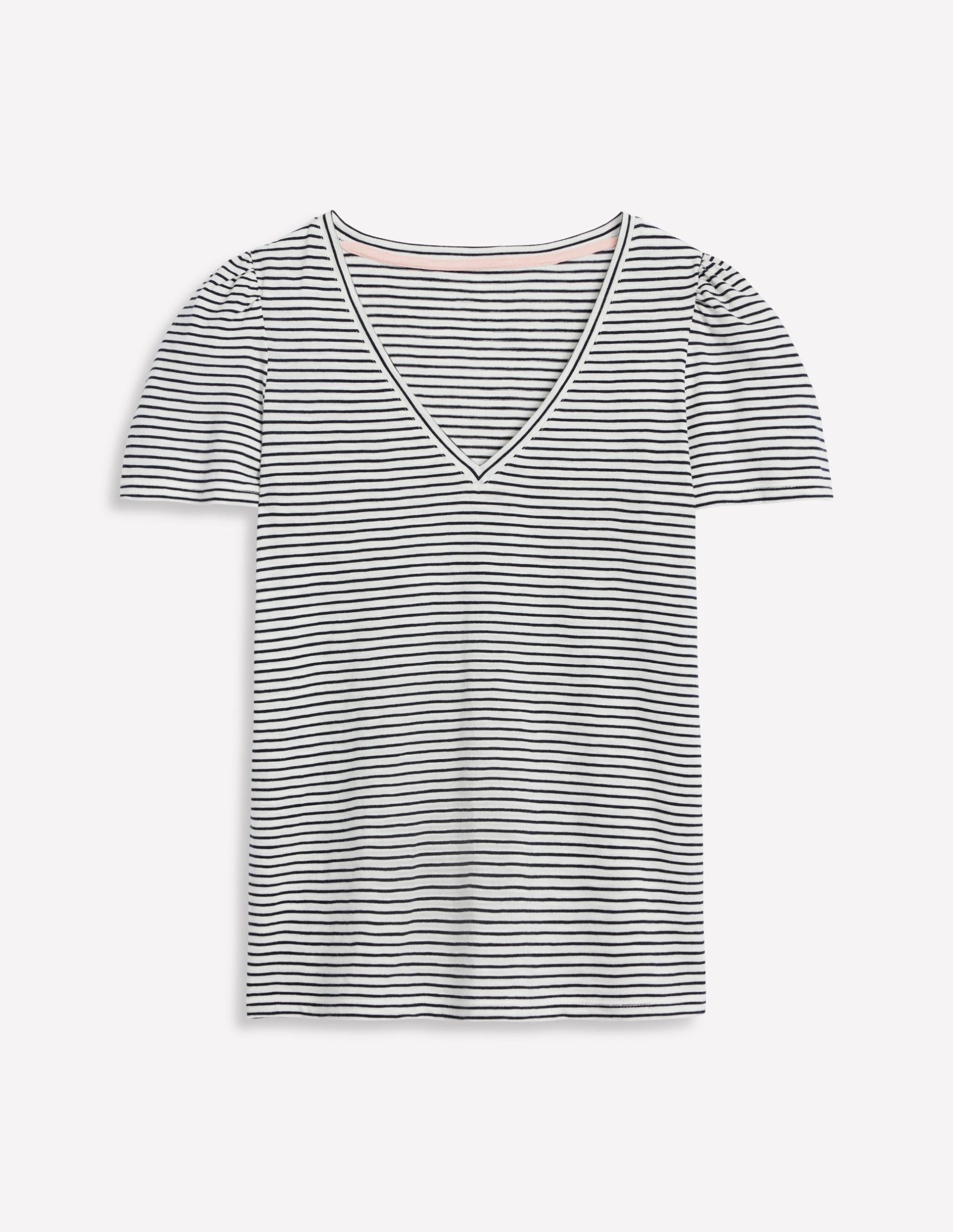 V Neck Slub T-shirt-Ivory. Navy Stripe - Image 5