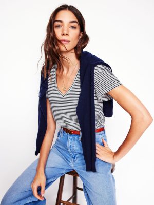 V Neck Slub T-shirt-Ivory. Navy Stripe