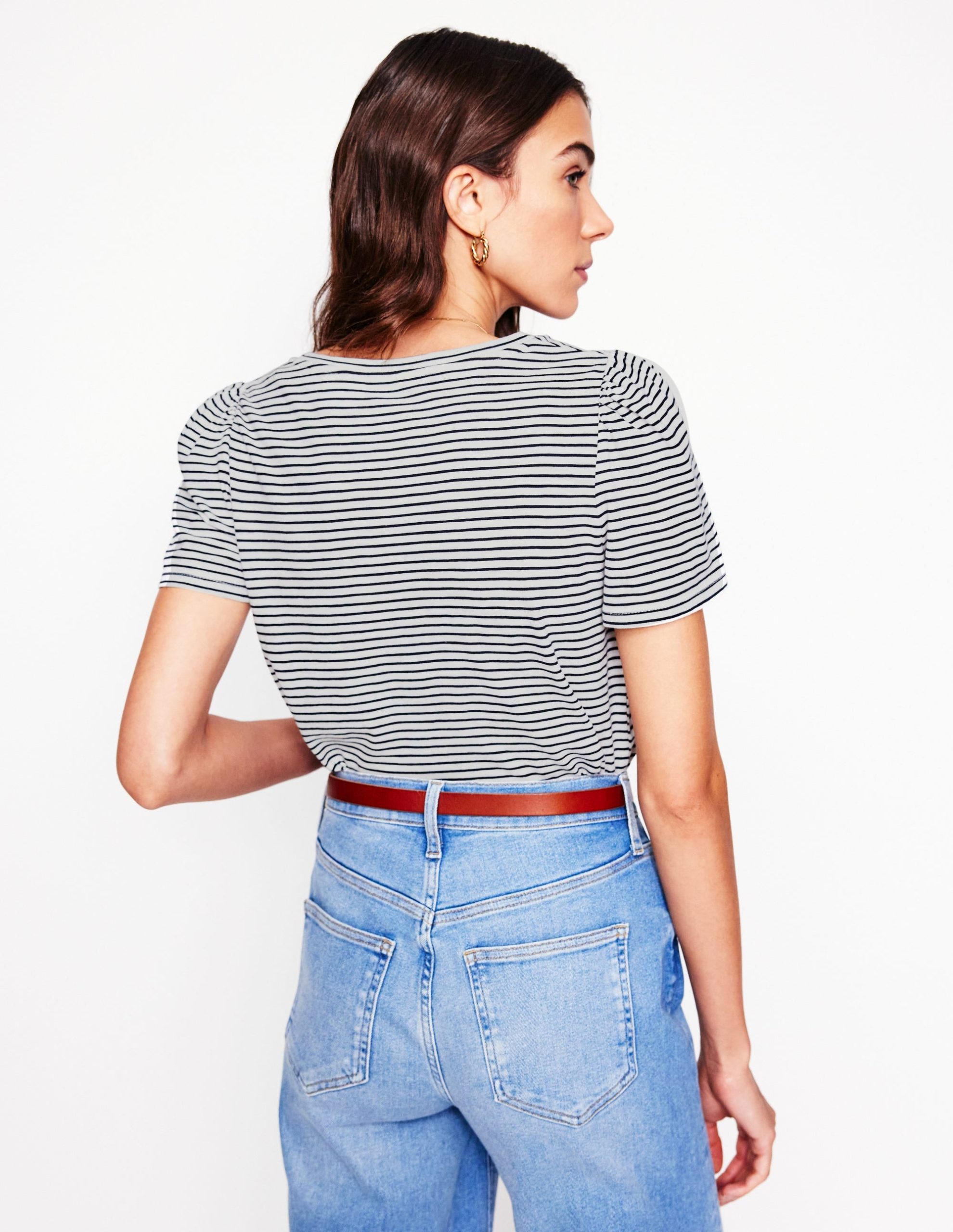 V Neck Slub T-shirt-Ivory. Navy Stripe - Image 3