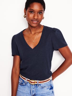V Neck Slub T-shirt-Navy